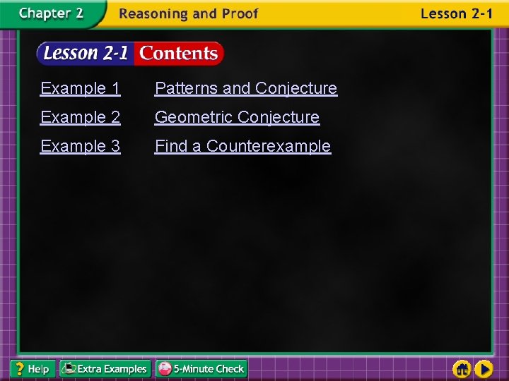 Example 1 Patterns and Conjecture Example 2 Geometric Conjecture Example 3 Find a Counterexample