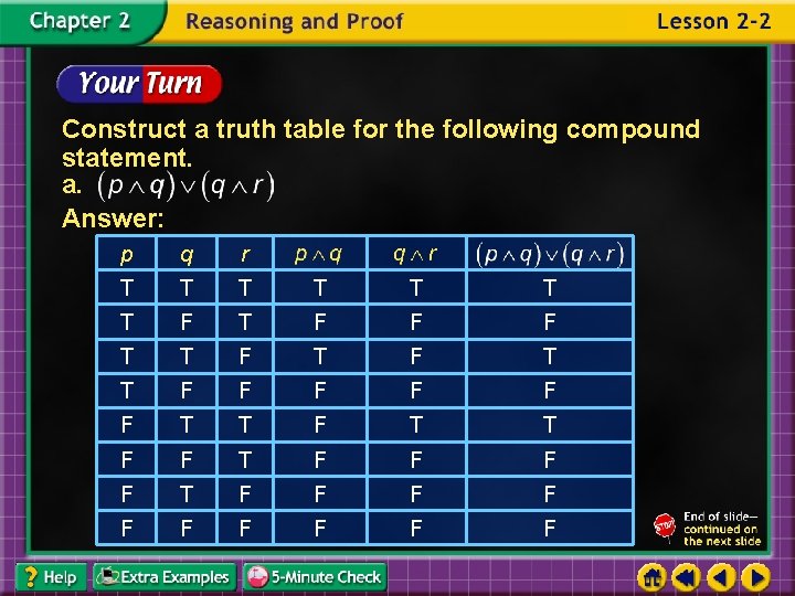 Construct a truth table for the following compound statement. a. Answer: p q r
