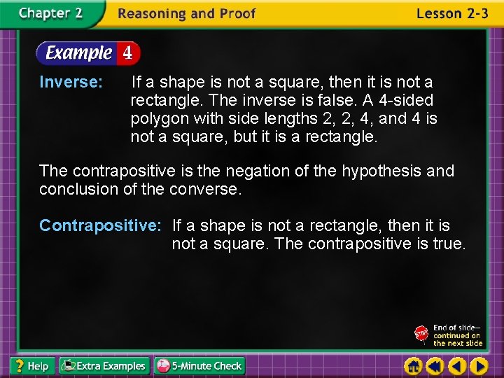 Inverse: If a shape is not a square, then it is not a rectangle.