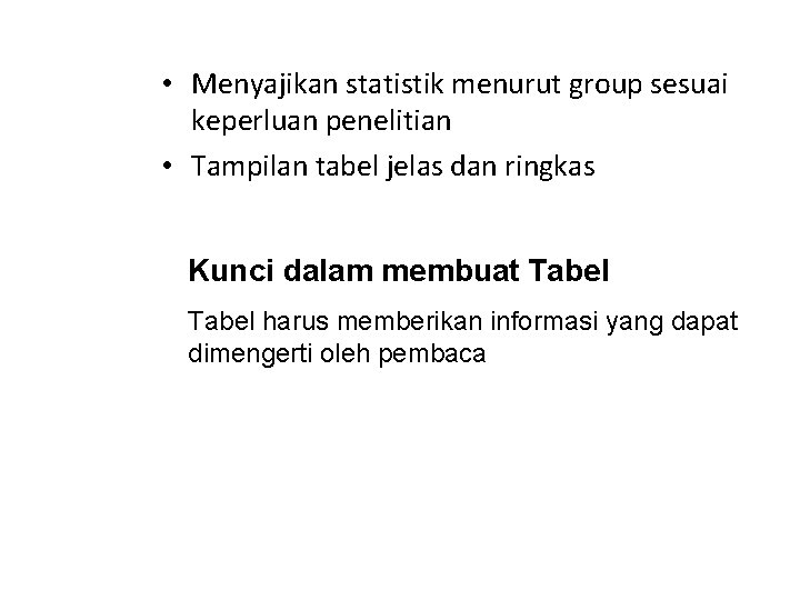  • Menyajikan statistik menurut group sesuai keperluan penelitian • Tampilan tabel jelas dan