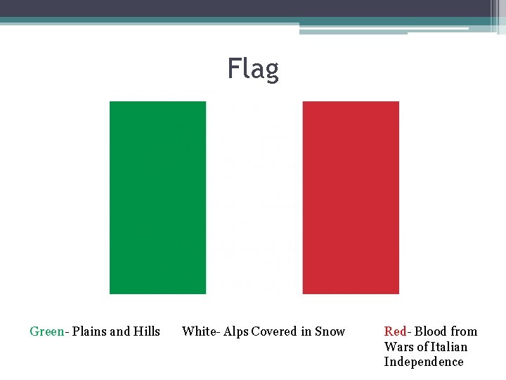 Flag Green- Plains and Hills White- Alps Covered in Snow Red- Blood from Wars