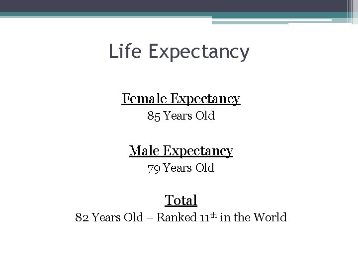 Life Expectancy Female Expectancy 85 Years Old Male Expectancy 79 Years Old Total 82