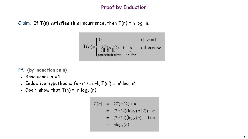 Proof by Induction Claim. If T(n) satisfies this recurrence, then T(n) = n log