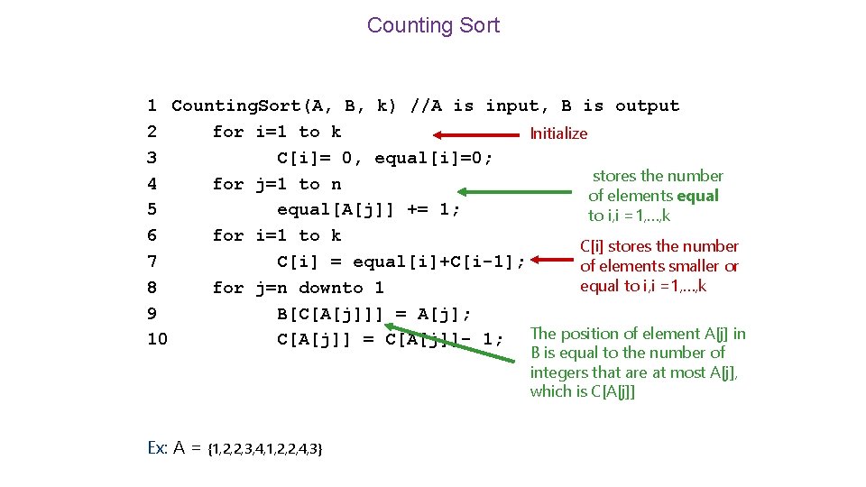 Counting Sort 1 Counting. Sort(A, B, k) //A is input, B is output 2