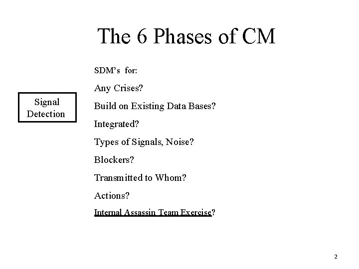 The 6 Phases of CM SDM’s for: Any Crises? Signal Detection Build on Existing