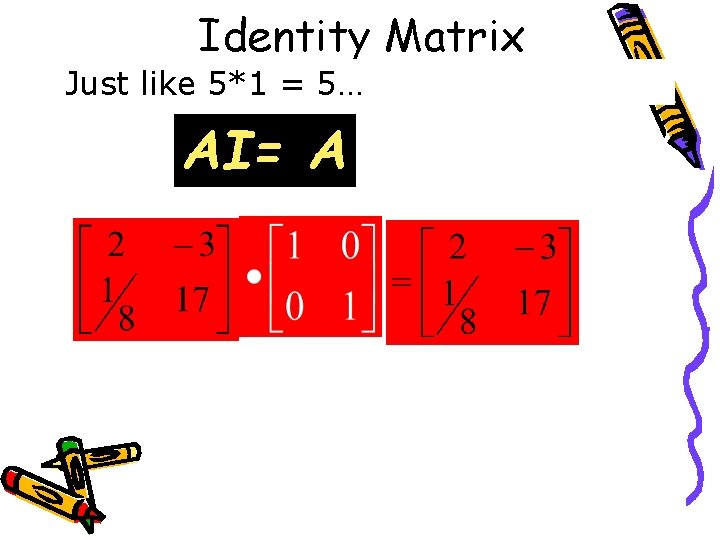 Identity Matrix Just like 5*1 = 5… AI= A 