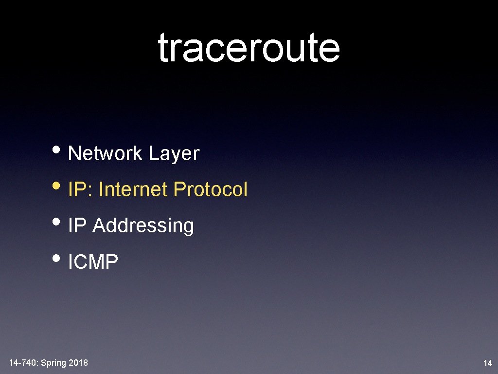 traceroute • Network Layer • IP: Internet Protocol • IP Addressing • ICMP 14