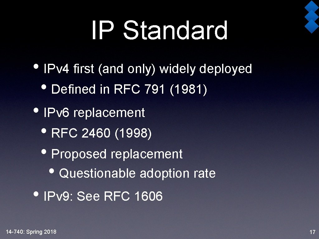 IP Standard • IPv 4 first (and only) widely deployed • Defined in RFC