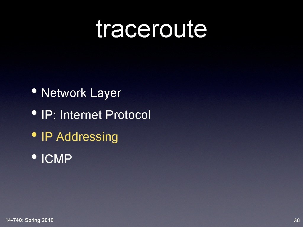 traceroute • Network Layer • IP: Internet Protocol • IP Addressing • ICMP 14