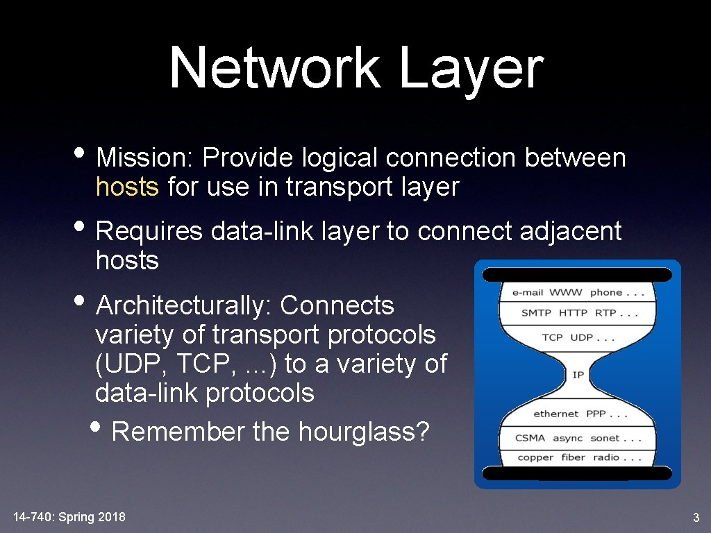 Network Layer • Mission: Provide logical connection between hosts for use in transport layer