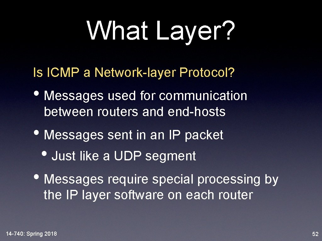 What Layer? Is ICMP a Network-layer Protocol? • Messages used for communication between routers