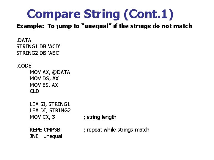 Compare String (Cont. 1) Example: To jump to “unequal” if the strings do not