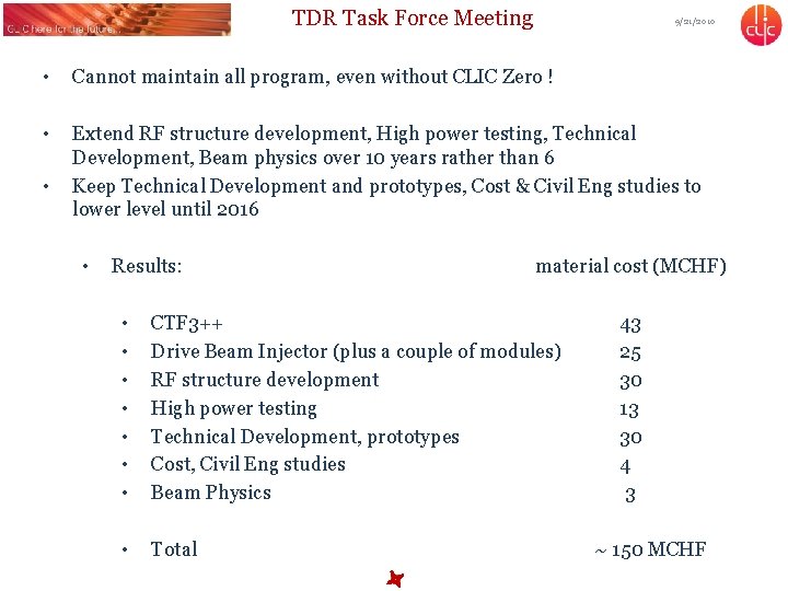 TDR Task Force Meeting 9/21/2010 • Cannot maintain all program, even without CLIC Zero