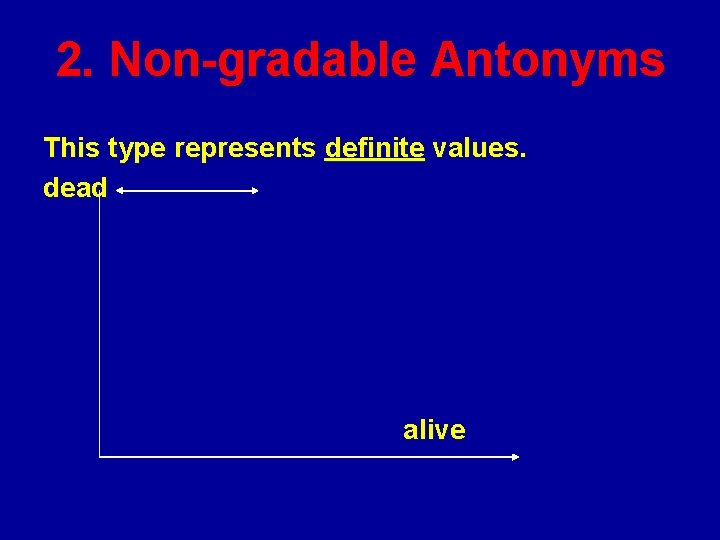 2. Non-gradable Antonyms This type represents definite values. dead alive 