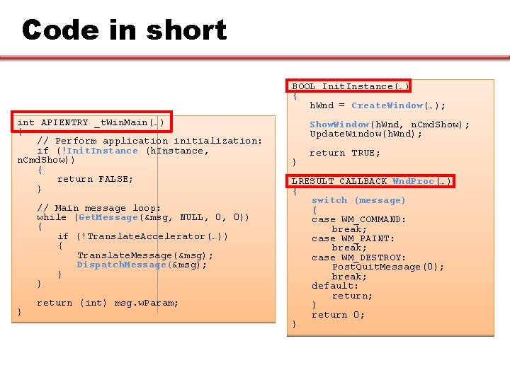 Code in short BOOL Init. Instance(…) { h. Wnd = Create. Window(…); int APIENTRY