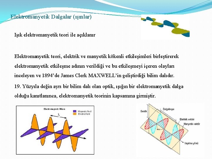 Elektromanyetik Dalgalar (ışınlar) Işık elektromanyetik teori ile açıklanır Elektromanyetik teori, elektrik ve manyetik kökenli