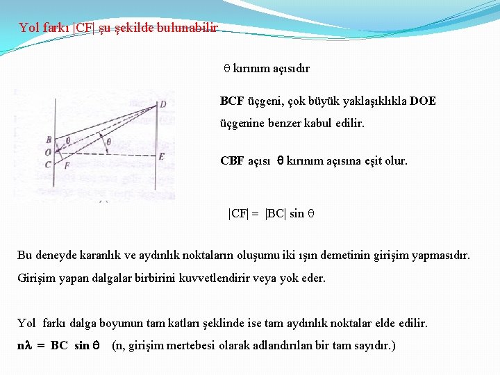 Yol farkı |CF| şu şekilde bulunabilir kırınım açısıdır BCF üçgeni, çok büyük yaklaşıklıkla DOE