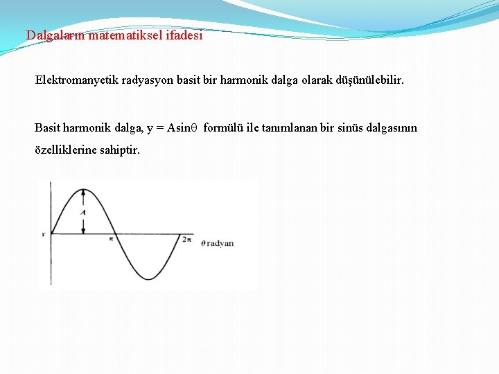 Dalgaların matematiksel ifadesi Elektromanyetik radyasyon basit bir harmonik dalga olarak düşünülebilir. Basit harmonik dalga,