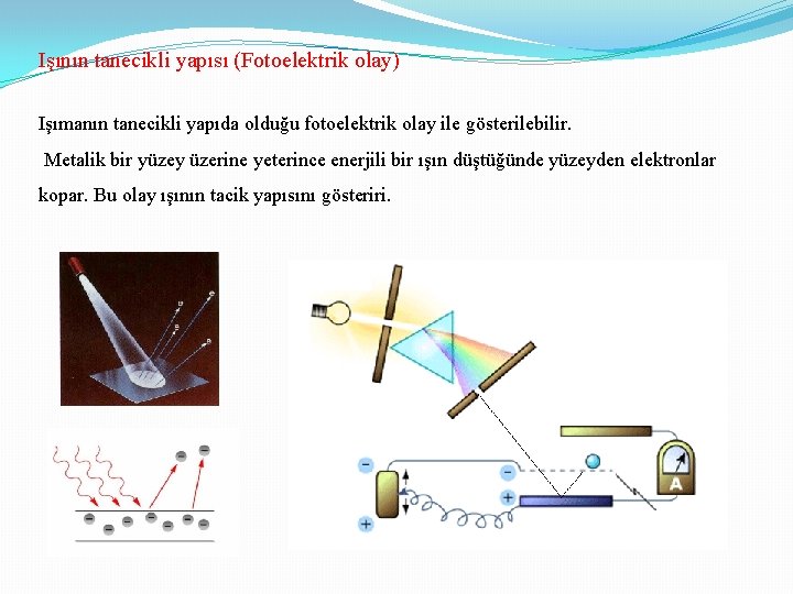 Işının tanecikli yapısı (Fotoelektrik olay) Işımanın tanecikli yapıda olduğu fotoelektrik olay ile gösterilebilir. Metalik