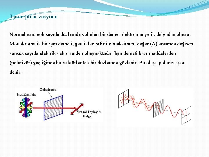 Işının polarizasyonu Normal ışın, çok sayıda düzlemde yol alan bir demet elektromanyetik dalgadan oluşur.