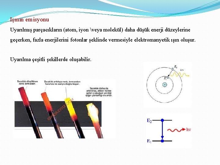 Işının emisyonu Uyarılmış parçacıkların (atom, iyon veya molekül) daha düşük enerji düzeylerine geçerken, fazla