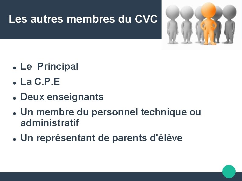 Les autres membres du CVC Le Principal La C. P. E Deux enseignants Un