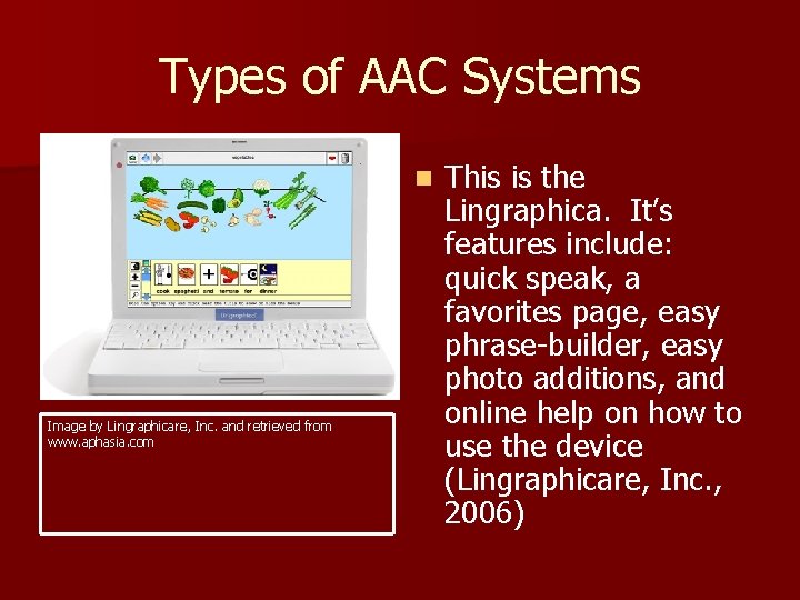 Types of AAC Systems n Image by Lingraphicare, Inc. and retrieved from www. aphasia.
