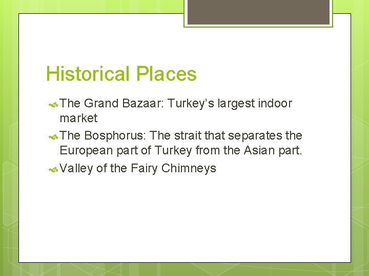 Historical Places The Grand Bazaar: Turkey’s largest indoor market The Bosphorus: The strait that