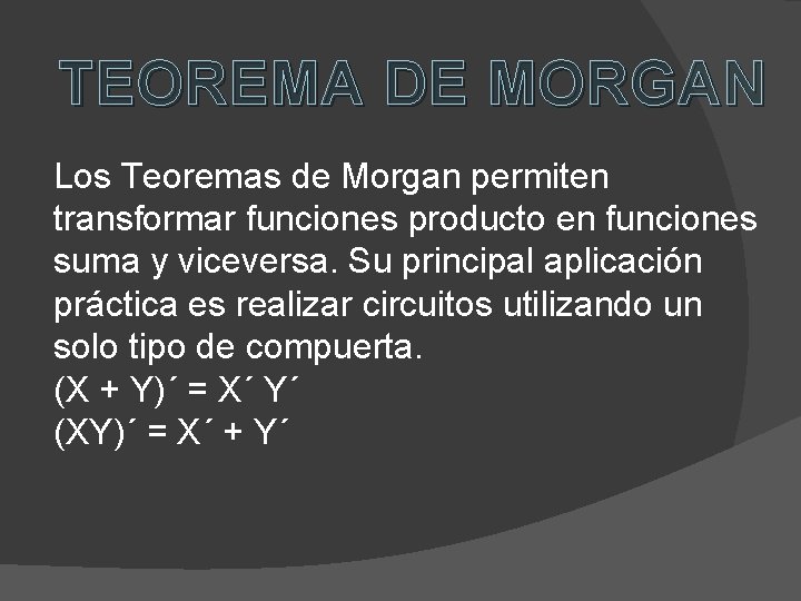 TEOREMA DE MORGAN Los Teoremas de Morgan permiten transformar funciones producto en funciones suma