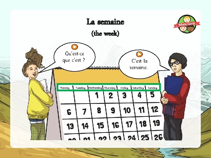 La semaine (the week) Qu’est ce que c’est ? C’est la semaine. 