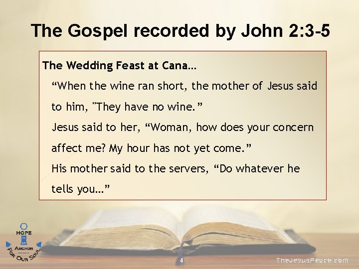 The Gospel recorded by John 2: 3 -5 The Wedding Feast at Cana… “When