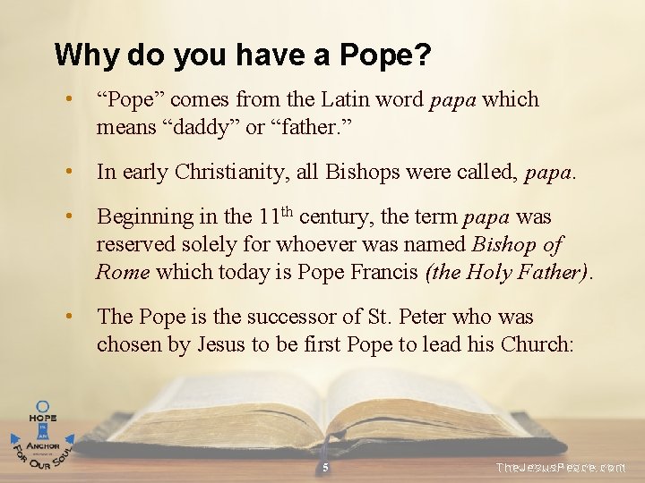 Why do you have a Pope? • “Pope” comes from the Latin word papa