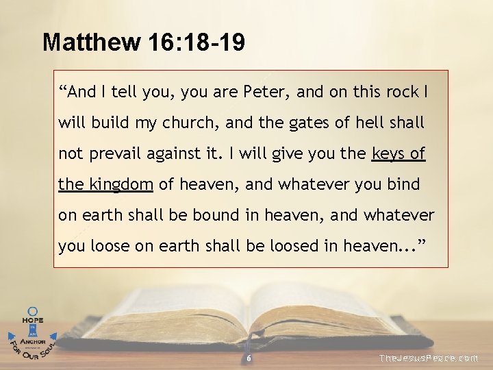 Matthew 16: 18 -19 “And I tell you, you are Peter, and on this