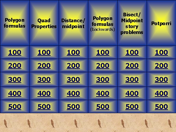 Polygon formulas Quad Distance/ Properties midpoint Polygon formulas Bisect/ Midpoint story problems Potporri (backwards)