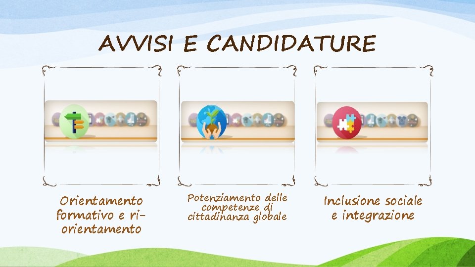 AVVISI E CANDIDATURE Orientamento formativo e riorientamento Potenziamento delle competenze di cittadinanza globale Inclusione