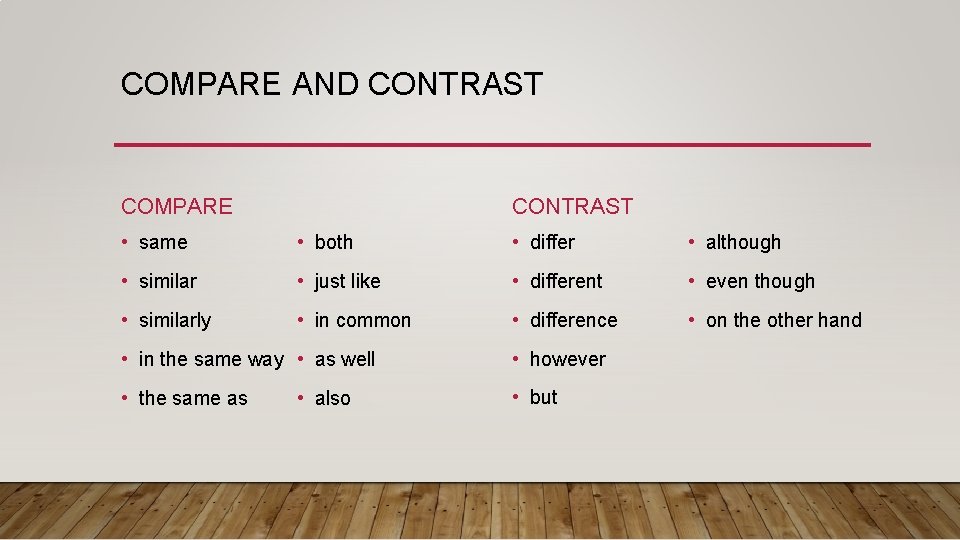 COMPARE AND CONTRAST COMPARE CONTRAST • same • both • differ • although •