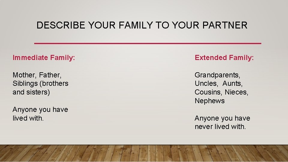 DESCRIBE YOUR FAMILY TO YOUR PARTNER Immediate Family: Extended Family: Mother, Father, Siblings (brothers