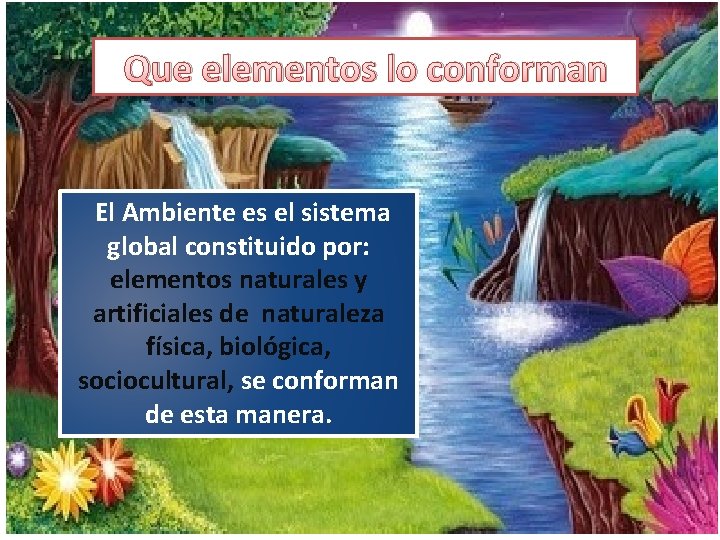 Que elementos lo conforman El Ambiente es el sistema global constituido por: elementos naturales