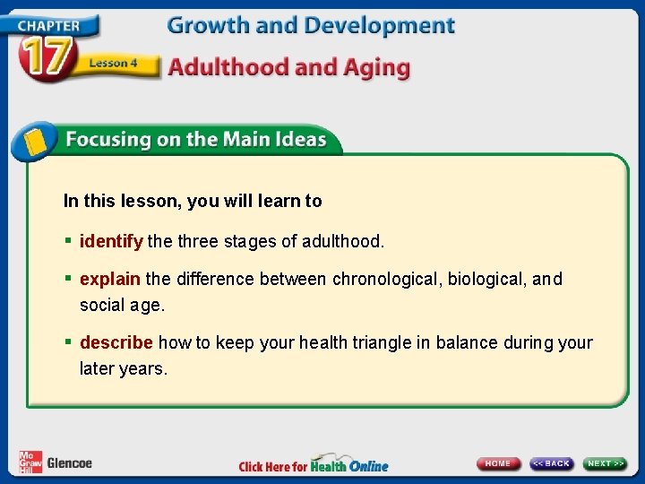 In this lesson, you will learn to § identify the three stages of adulthood.