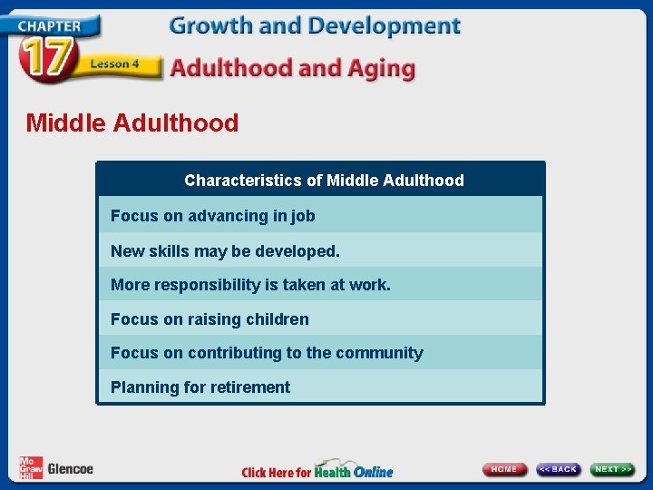 Middle Adulthood Characteristics of Middle Adulthood Focus on advancing in job New skills may