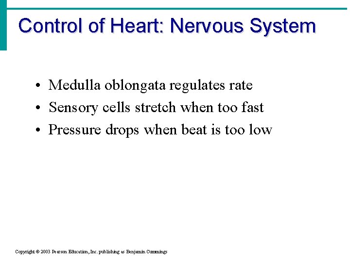 Control of Heart: Nervous System • Medulla oblongata regulates rate • Sensory cells stretch
