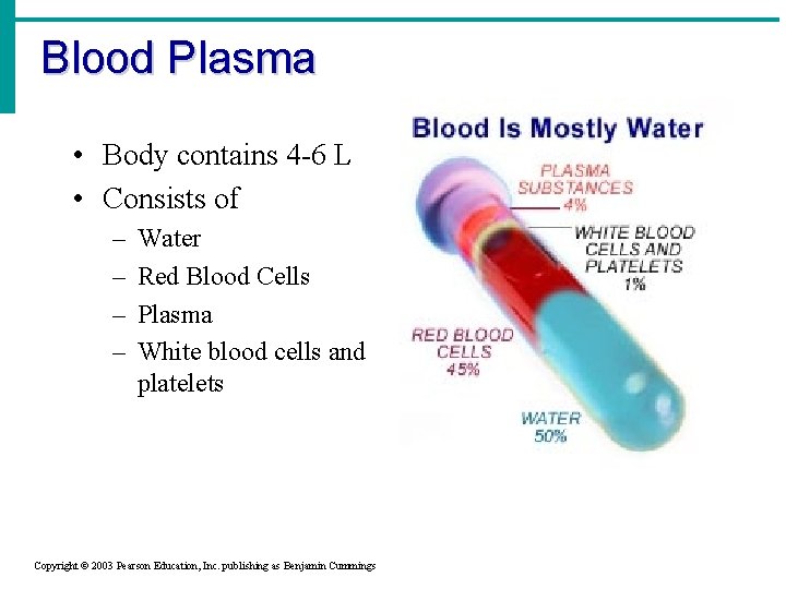 Blood Plasma • Body contains 4 -6 L • Consists of – – Water