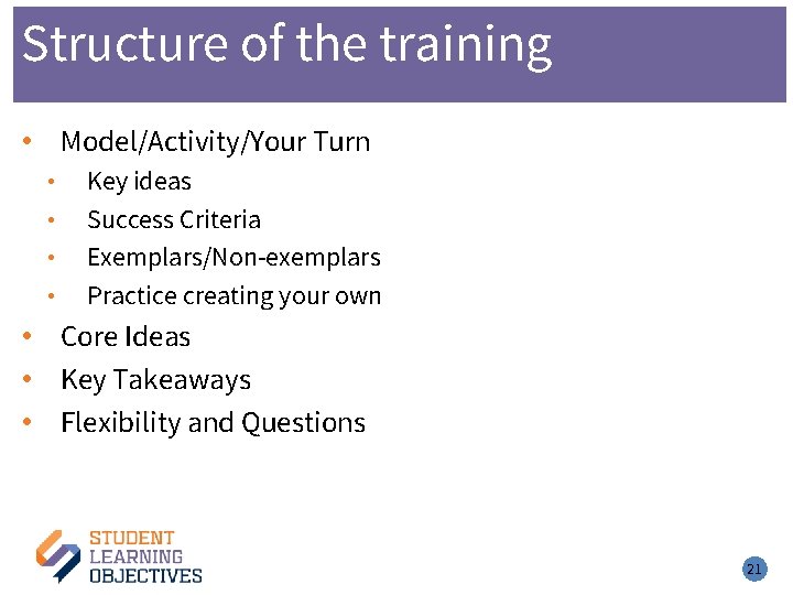 Structure of the training • Model/Activity/Your Turn • • Key ideas Success Criteria Exemplars/Non-exemplars