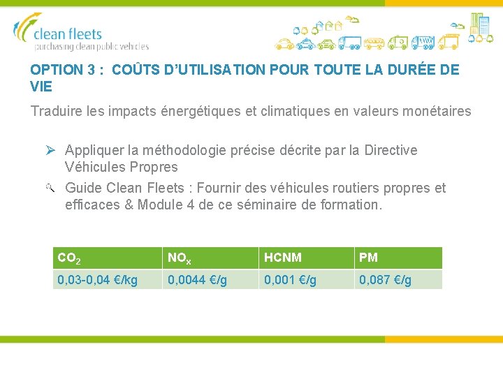 OPTION 3 : COÛTS D’UTILISATION POUR TOUTE LA DURÉE DE VIE Traduire les impacts