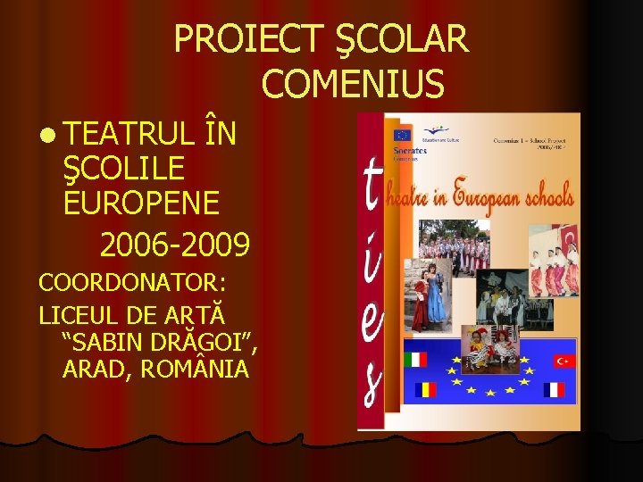 PROIECT ŞCOLAR COMENIUS l TEATRUL ÎN ŞCOLILE EUROPENE 2006 -2009 COORDONATOR: LICEUL DE ARTĂ