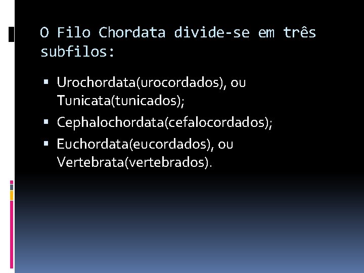 O Filo Chordata divide-se em três subfilos: Urochordata(urocordados), ou Tunicata(tunicados); Cephalochordata(cefalocordados); Euchordata(eucordados), ou Vertebrata(vertebrados).