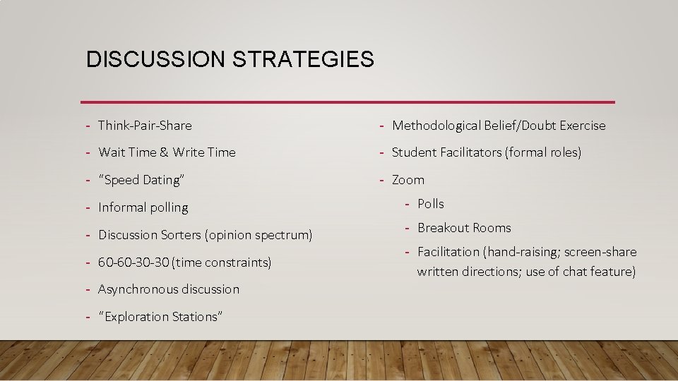 DISCUSSION STRATEGIES - Think-Pair-Share - Methodological Belief/Doubt Exercise - Wait Time & Write Time