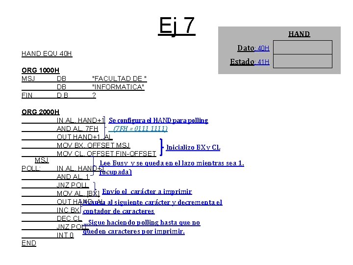 Ej 7 Dato: 40 H HAND EQU 40 H ORG 1000 H MSJ DB