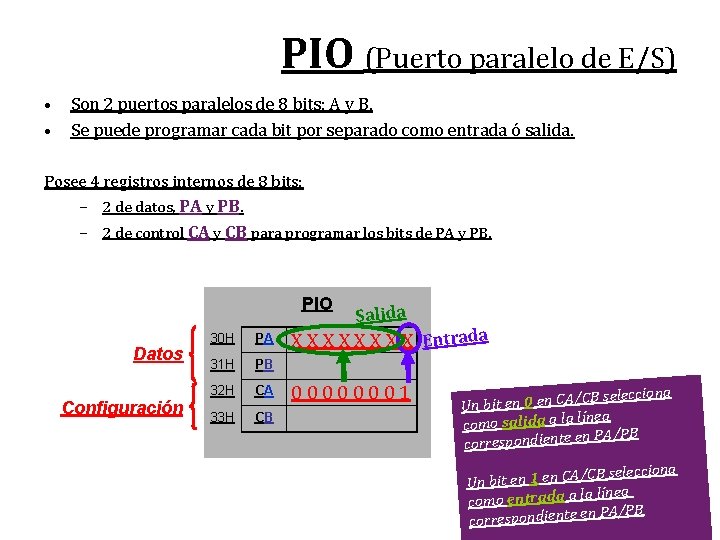 PIO (Puerto paralelo de E/S) • • Son 2 puertos paralelos de 8 bits: