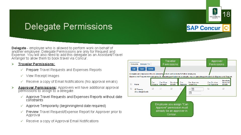 18 Delegate Permissions Delegate - employee who is allowed to perform work on behalf